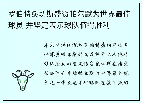 罗伯特桑切斯盛赞帕尔默为世界最佳球员 并坚定表示球队值得胜利