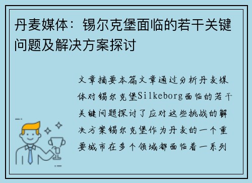 丹麦媒体：锡尔克堡面临的若干关键问题及解决方案探讨