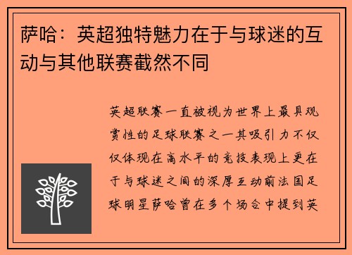 萨哈：英超独特魅力在于与球迷的互动与其他联赛截然不同