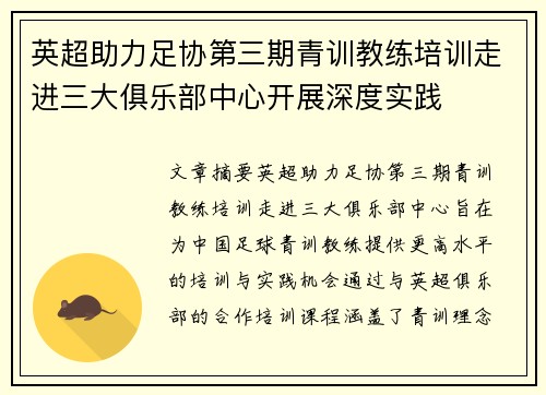 英超助力足协第三期青训教练培训走进三大俱乐部中心开展深度实践