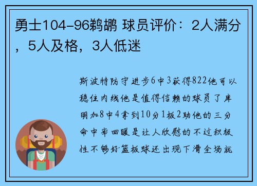 勇士104-96鹈鹕 球员评价：2人满分，5人及格，3人低迷